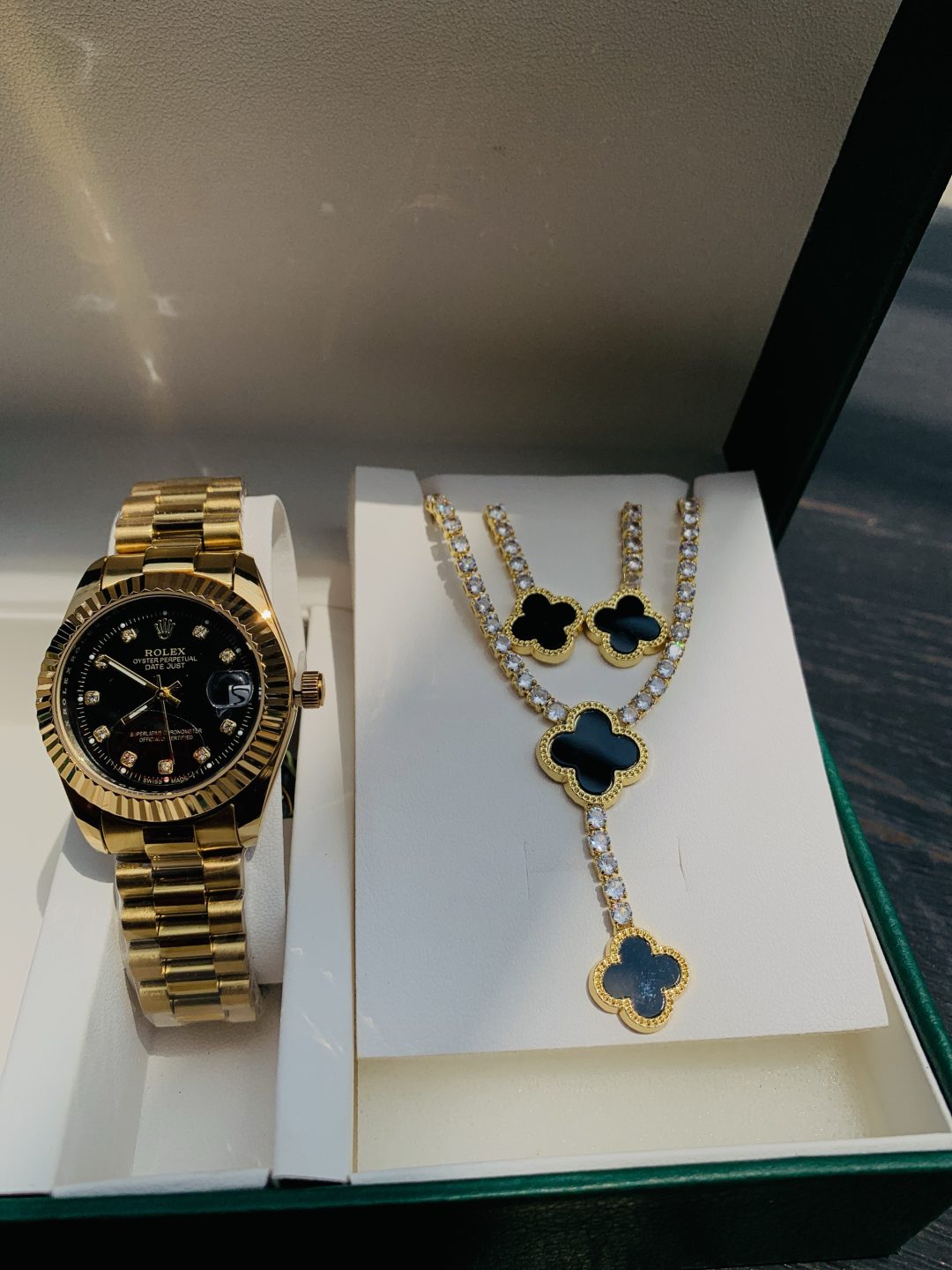 Rolex gold black face watch combo with paper box