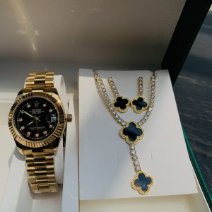 Rolex gold black face watch combo with paper box