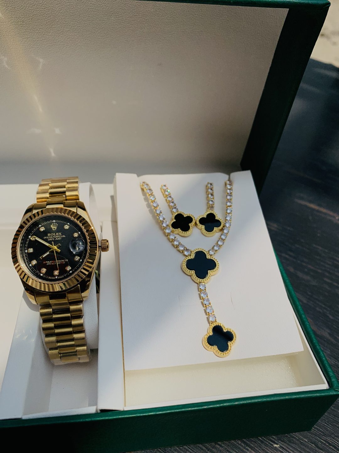 Rolex gold black face watch combo with paper box - Image 2