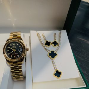 Rolex gold black face watch combo with paper box