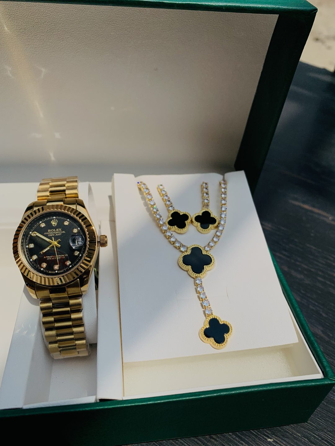 Rolex gold black face watch combo with paper box - Image 3