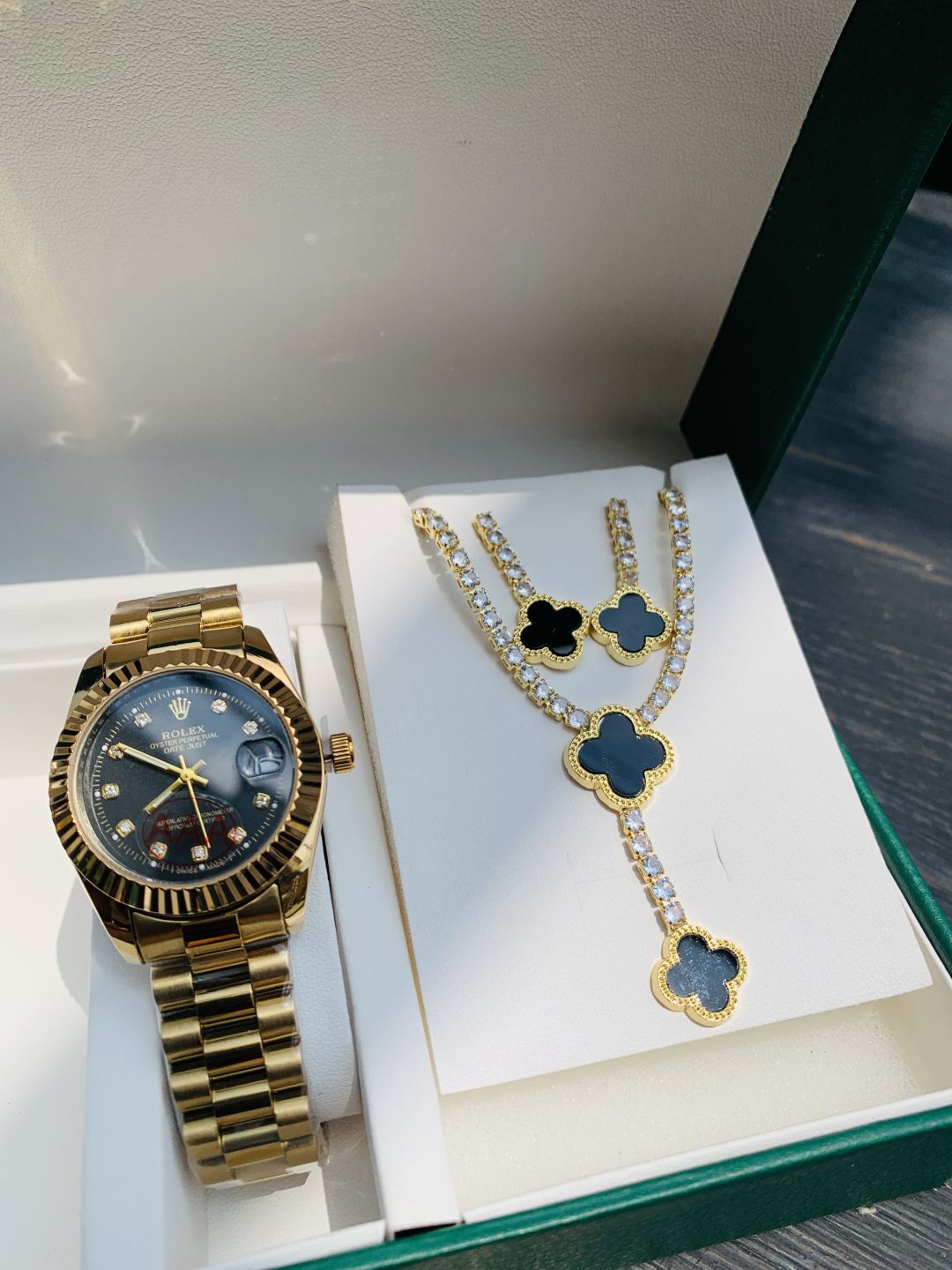 Rolex gold black face watch combo with paper box - Image 4