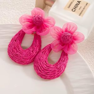 Pink oval flowery earrings