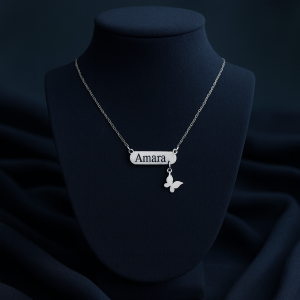 Engraved female silver butterfly dropping necklace