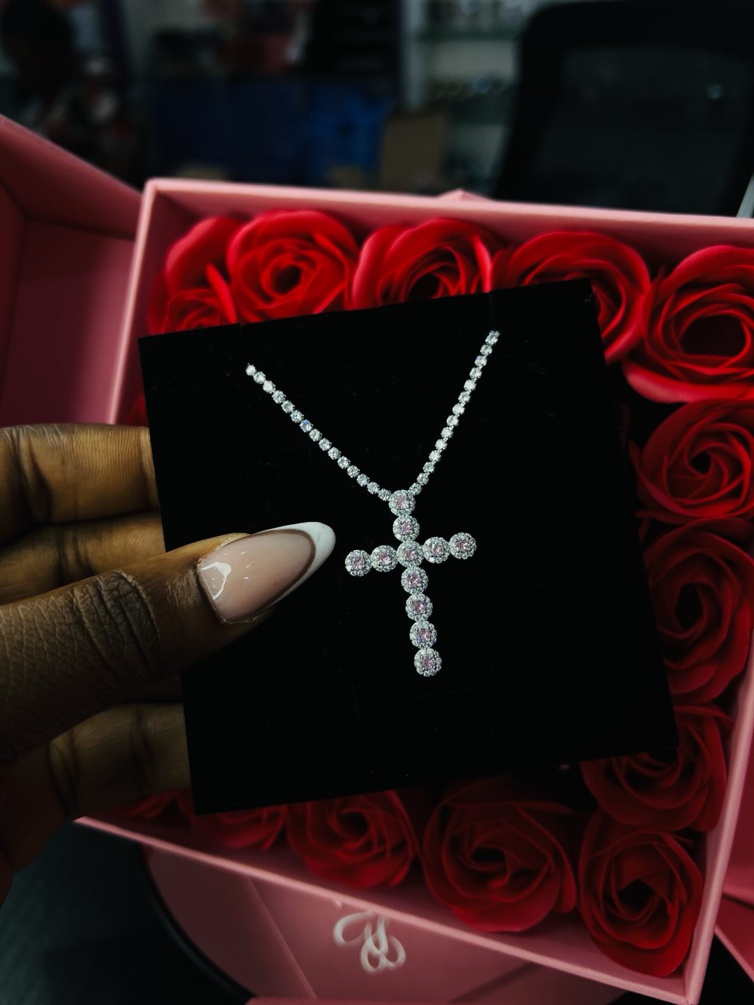 Tennis cross pink necklace