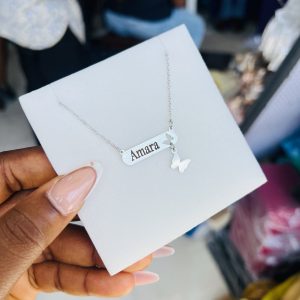 Engraved female silver butterfly dropping necklace