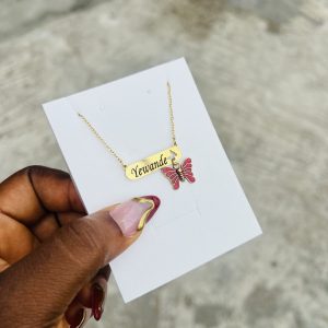Engraved female red butterfly necklace