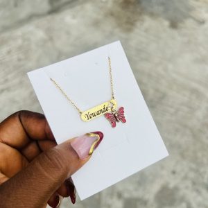 Engraved female red butterfly necklace