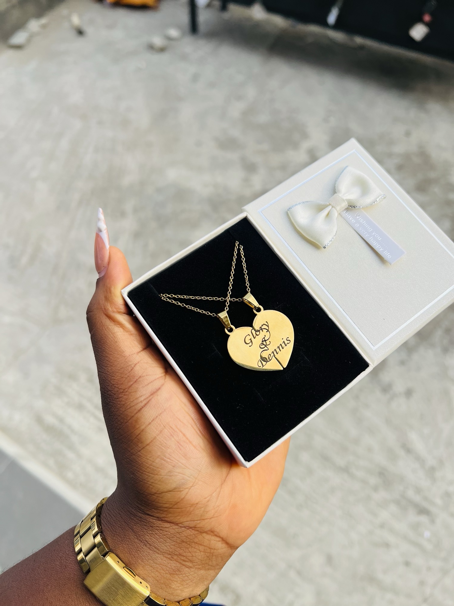 Engraved couple puzzle necklace