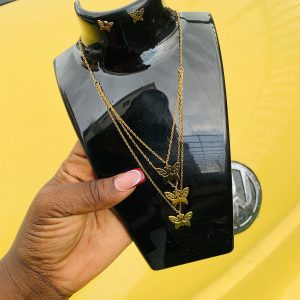 Three layer gold steel necklace and earrings 001