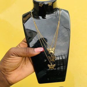 Three layer gold steel necklace and earrings 001