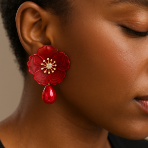 Red short flower earrings