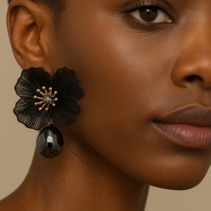 Black short flower earrings