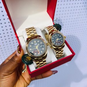 Engraved Rolex Gold black face couples watch