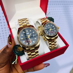 Engraved Rolex Gold black face couples watch