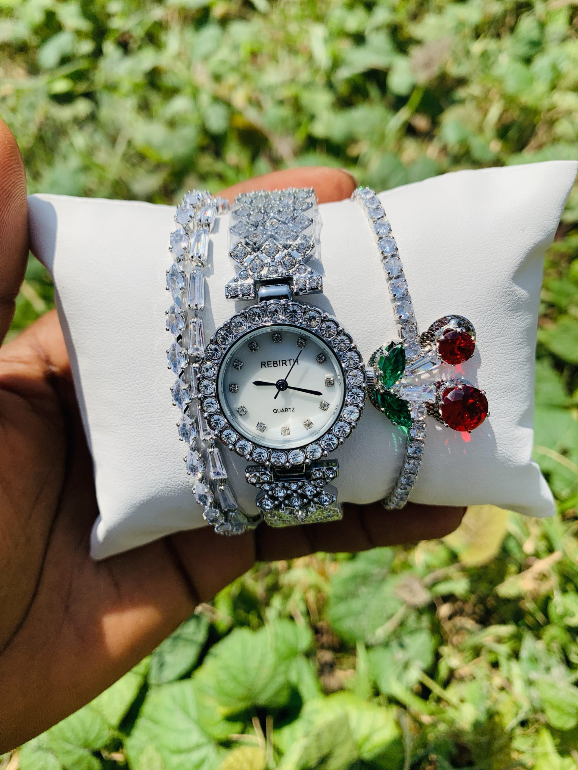 Rebirth silver stoned watch combo comes with black paper box