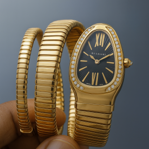 Bvlgari gold black face twisted watch