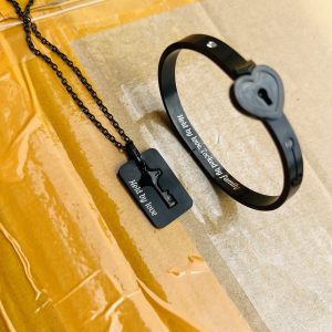 Engraved black necklace and bracelet lock