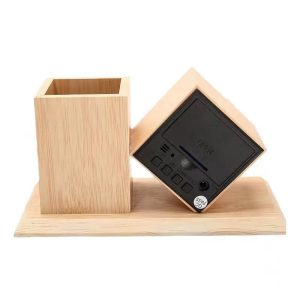 Engraved wooden pen clock holder 002