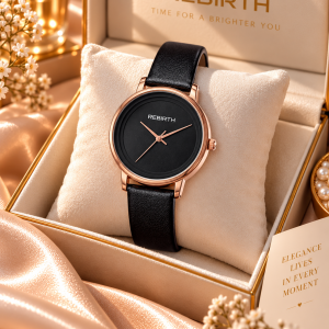 Rebirth rose black leather watch