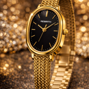 Rebirth gold black face watch with box