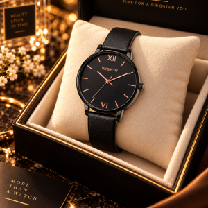 Rebirth black leather Roman watch