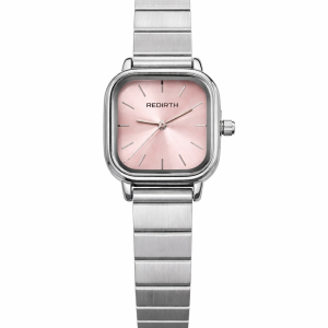 Rebirth silver square pink face watch with box