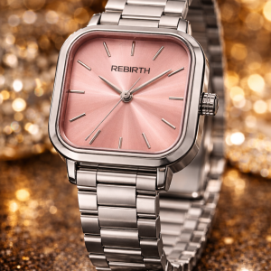 Rebirth silver square pink face watch
