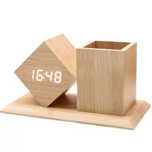 Engraved wooden pen clock holder 002