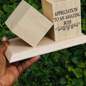 Engraved wooden pen clock holder 002