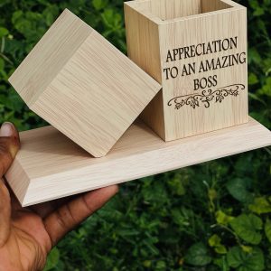 Engraved wooden pen clock holder 002