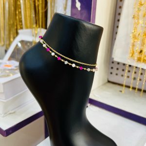 Pink and white 2 line ball gold Anklet