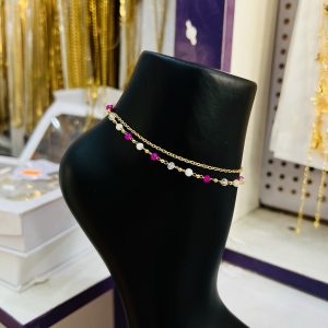Pink and white 2 line ball gold Anklet