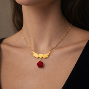 Engraved rose winged female necklace with box