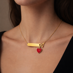 Engraved red dropping butterfly female necklace with box