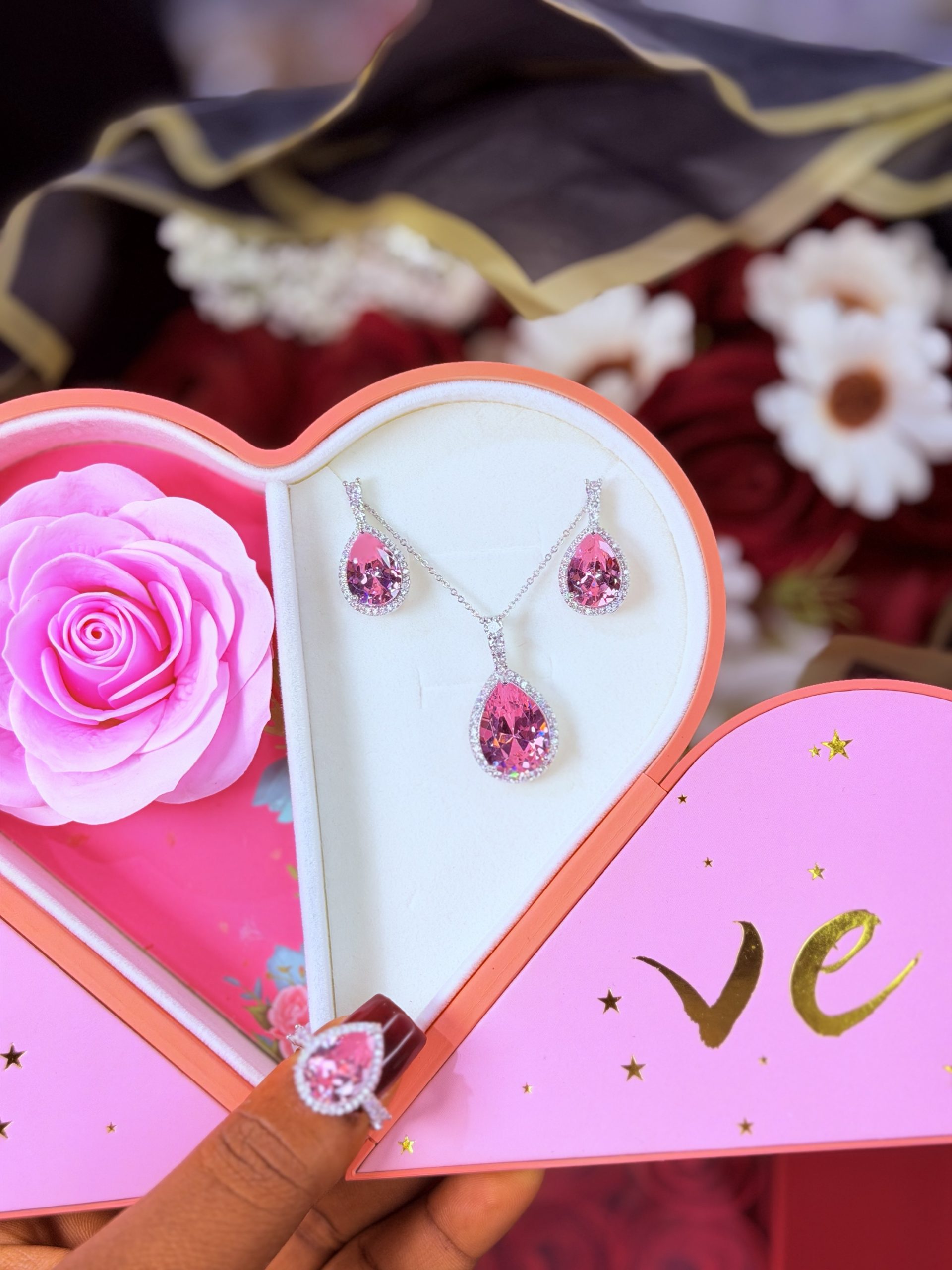 Pink zirconia pea set no box