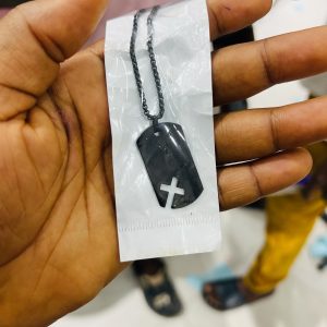 Engraved black criss cross necklace with box