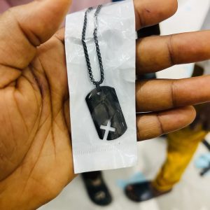 Engraved black criss cross necklace with box