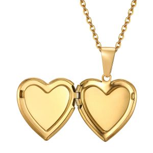 Gold heart locket necklace with paper box