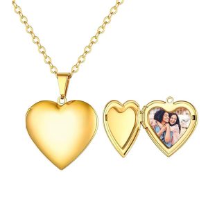 Gold big heart locket necklace with paper box