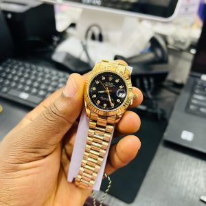 Engraved Rolex Female gold black face with paper box
