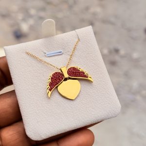 Engraved red winged necklace with box