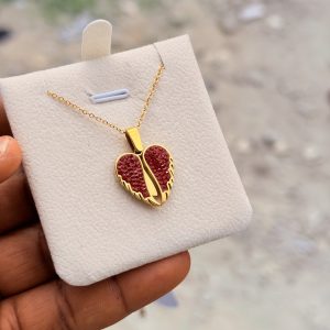 Engraved red winged necklace with box