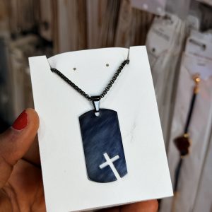 Engraved black criss cross necklace