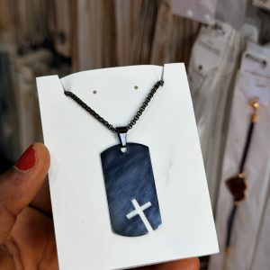 Engraved black criss cross necklace