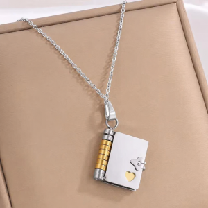 Engraved gold booklet necklace