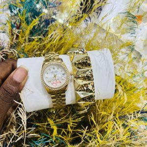 Female white stone face Rolex watch combo