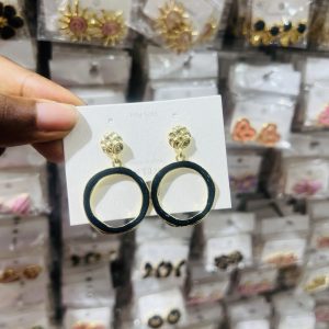 Gold black circle earrings