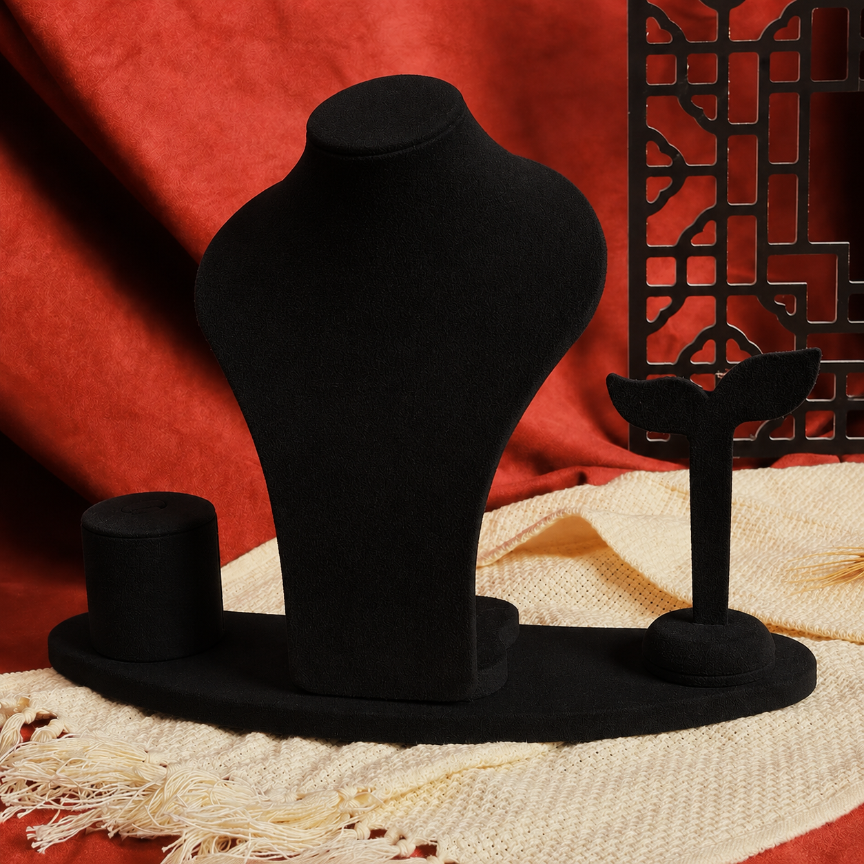 Black suede set display mannequin
