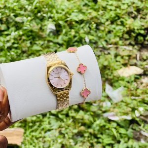 Rebirth gold pink face watch combo